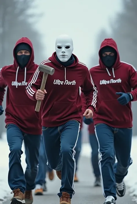 5 maroon guys running away from blue guys, put “Ultra North” text on maroon guys shirts. Put full face masks on them. One of maroon guys have to have white full face mask and hammer in hand of guy whit white full face mask. All guy are white skin. All of g...