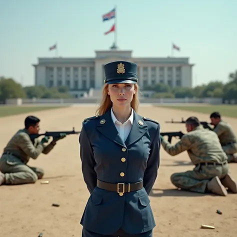 Woman in service cap, blue military uniform, solders lying and shooting behind her (target practice), big government building with flags in the distance, bright day (best quality, ultra-detailed, photo realistic), 4K