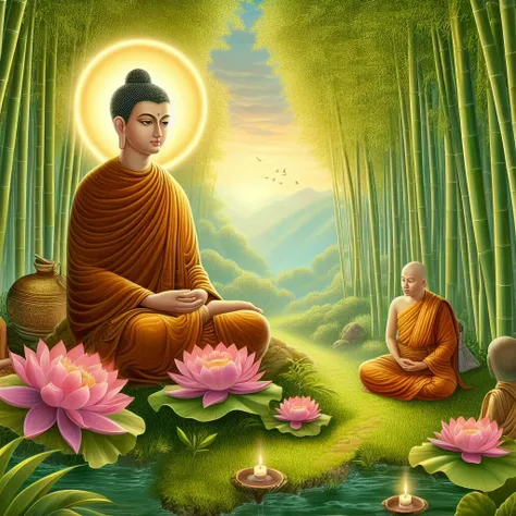 buddha sitting in a lotus position with two monks in the background, buddhism, buddhist, the buddha, buddhist monk meditating, monk meditate, on the path to enlightenment, on path to enlightenment, buddha, beautiful depiction, buddhist art, a beautiful bud...