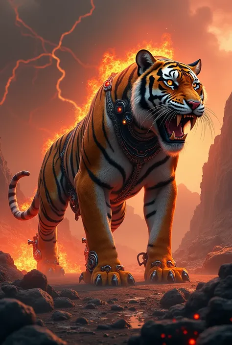 "Create a terrifying hybrid creature seamlessly combining the raw power of a tiger and the mechanical menace of a motorcycle. The hybrid has the muscular, striped body of a tiger fused with gleaming chrome and steel, with its head blending a tiger’s snarli...