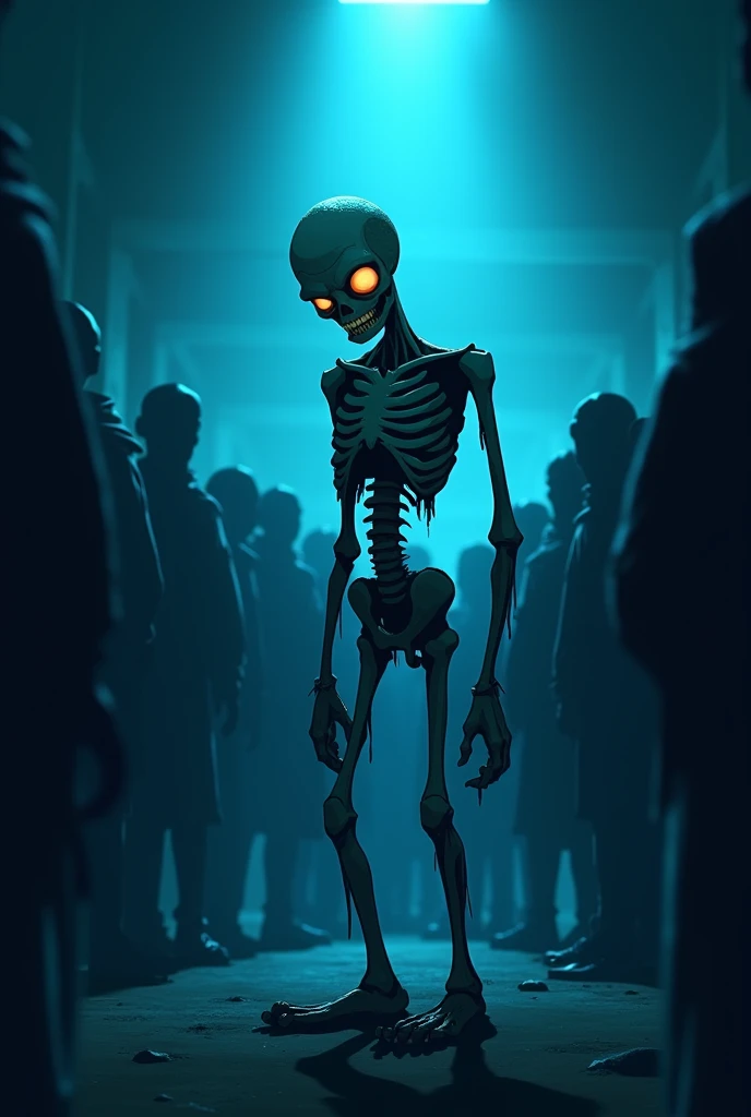 Zombie, cartoon, skinny, in a dark room, dark blue light, crowd, full length