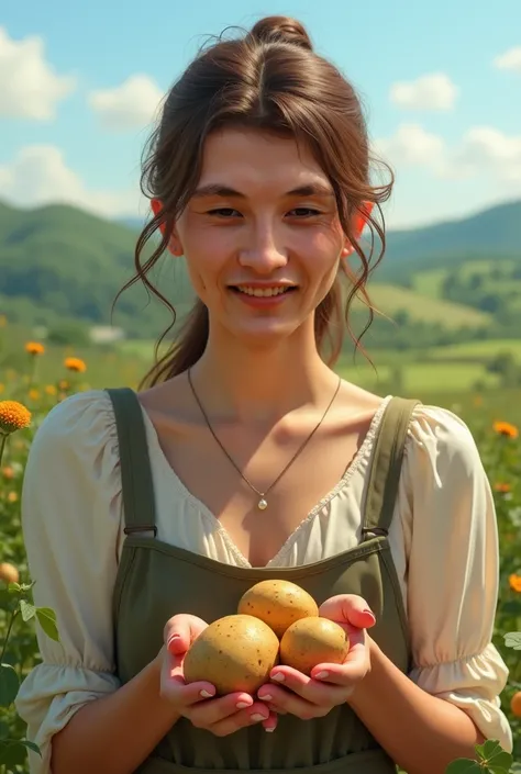 Beautiful girl picks potatoes 
