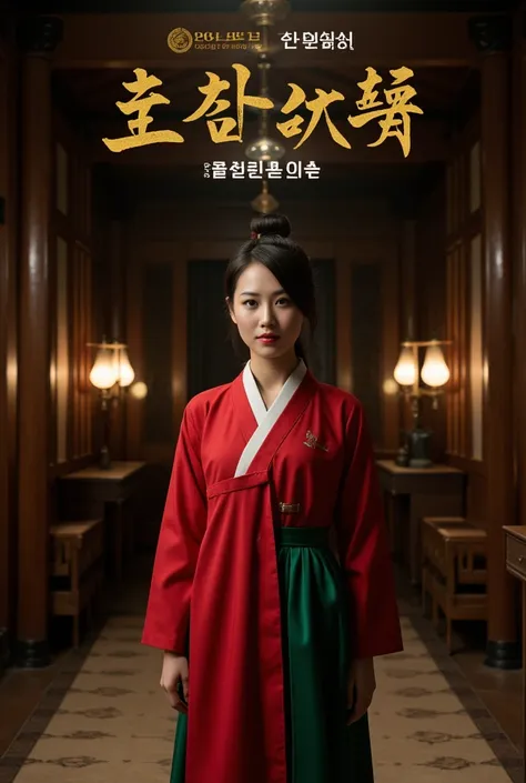 The films poster focuses on Korean culture, depicting a fair-skinned Korean woman wearing a traditional Joseon Dynasty officials hanbok in red and green, standing in an ornately decorated room with wooden furniture and lamps. The background is dimly lit, c...