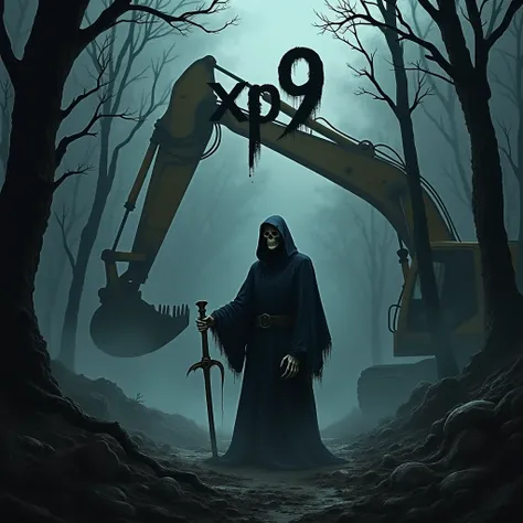  Grim Reaper in a Scary Forest, Excavator with arm in background, "XP9 "-lettering above 