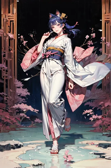 ((masterpiece:1.2)), (( top quality :1.2)),  one girl ((Cat ears, Samurai in kimono, The white and blue kimono flutters in the wind, Im looking at me with a sharp gaze , ( smiling with eyes half closed ,  detail eyes), (Japanese sword on waist,  Iai Suki ,...