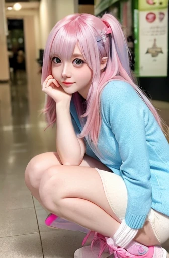   Female Adult、Bright woman、 semi-long hair(Pink with light blue hair tips)、The front hair is even、Bob、Girl with big eyes 、cute、strong、confident、First year college student、 chest 、 beige knit ( One Piece)、 knee-high socks