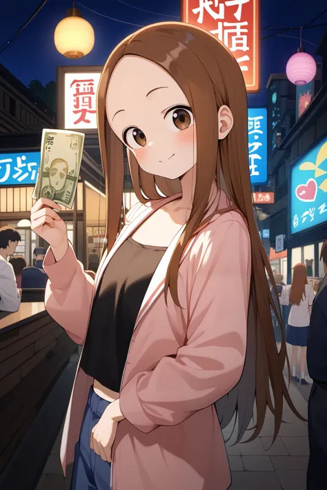 NSFW,masterpiece, top quality , high res, very detailed,Takagi(からかい上手のTakagi), long hair、Brown Hair、 split bangs,Forehead、clavicle,(Prostitute),Nightlife