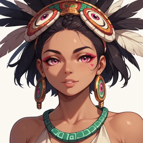 Aztec girl with short hair and pink eyes with a plume on her head and with six coats holding the head of a feathered serpent