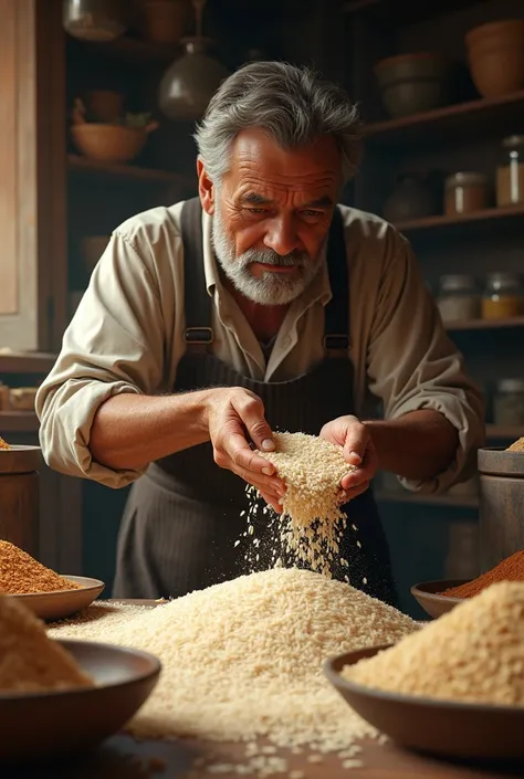 Inside the shop, the shopkeeper is measuring rice in the manner of lifting a load of soil. The man is measuring it very carefully.