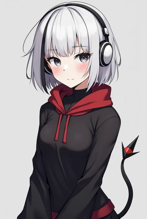 A girl with gray eyes without pupils short white hair with black and gray highlights ,  wears white headphones on her head black clothes with red slim build (A Jane Doe game tail called zzz  )  wears black lenses and white skin  