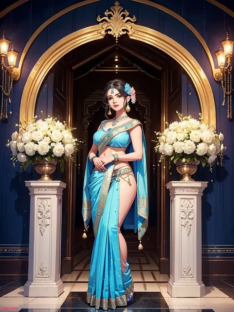 30 years old women,solo, wearing traditional indian blue saree (saree is fully white diamond pleted design) standing position, full body, largest breasts, largest butts,beutiful smile, blue eyes, hair ornament, long hair,hot figure, dark pink lipstick, hig...