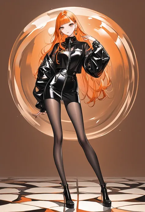 Long legs, supermodel pose, fashion, LV style, Korean stars perfect woman, beautiful, dark orange, background, fashionable clothes, a woman wearing black transparent tights --ar 9:16 --style raw --stylize 50 --v 6.1