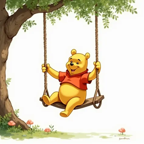  Winnie Pooh sitting on a tree swing,  With an orange T-shirt  ,  watercolor style, white background 