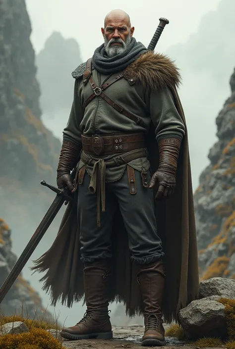 A warrior in the style of The Lord of the Rings, with long bald hair , at the maturity of life and dressed in ultra skinny pants , smart sneakers , asweater, long sword and cape