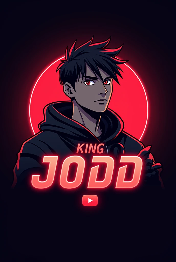 This is a gaming logo that features the name "KING JODD" in a futuristic font and a neon Red colour. and Boy Anime Avatar, The logo also has a stylized controller icon and a YouTube play button in the background. The logo is designed to be attractive and e...