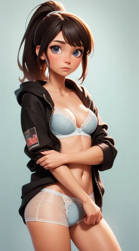 18 year old female, brown hair, blue eyes, ponytail, BLACK HOODIE, NO PANTS, PANTIES, bra