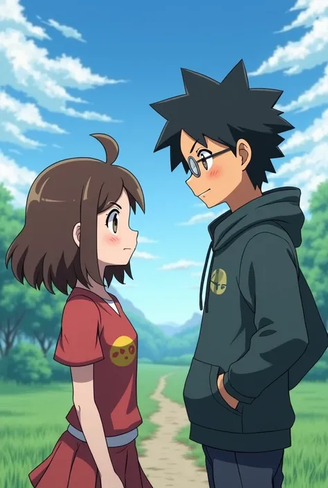 Pokémon trainer girl , brown eyes,  loose brown hair , bangs, Short stature and black-haired Pokémon trainer boy, Brown eyes, eyeglasses and beard, tall in height . Both facing each other in a landscape 