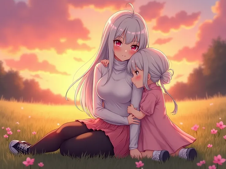 Anime girl sexy body silver white hair very red eyes with a white turtleneck sweater pink skirt black tights black sneakers long hair big breasts very beautiful and a little daughter next to her hugging her and they are the same but the little one is weari...