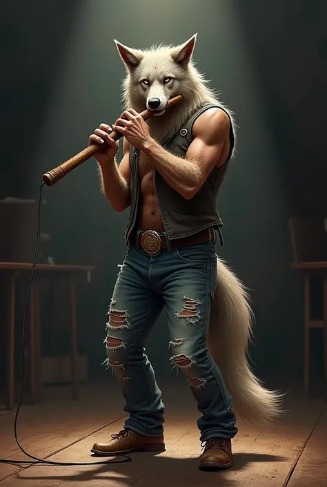  a skinny wolf with a beard , in ripped jeans,  plays a flute on stage