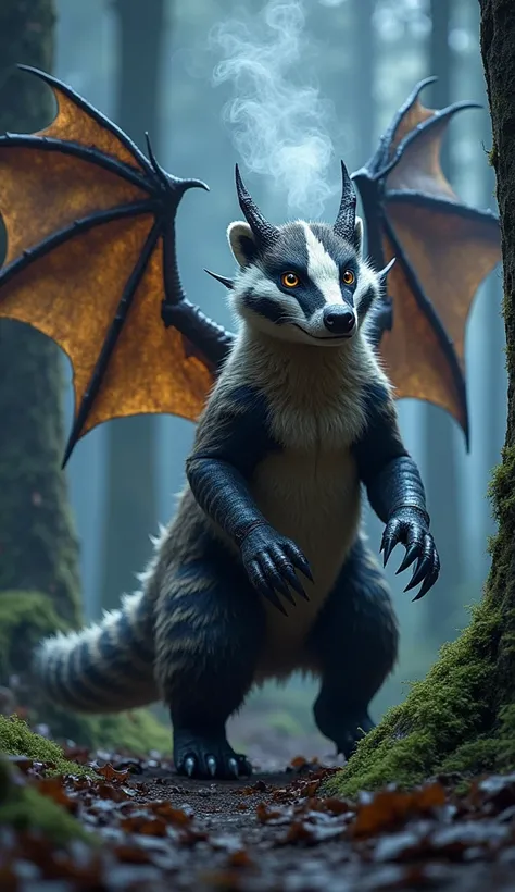 A fantastical hybrid of a badger and a dragon. The creature has the sturdy, striped body of a badger, with shimmering, scaled patches running along its back. Its tail is long and dragon-like, ending in a spiked tip, while its claws are sharper and more men...