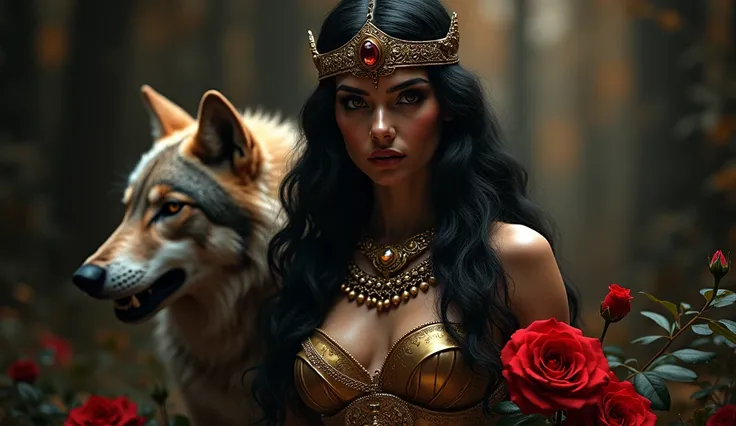 CLEOPATRA ARCHETYPE, WOLF AND RED ROSE in dark
