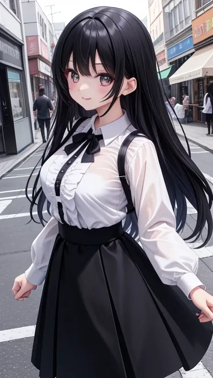  one girl 、smile、 shirt、blouse、 skirt、（ small ）Kirarhythm、Movement、 long black hair , big breasts、