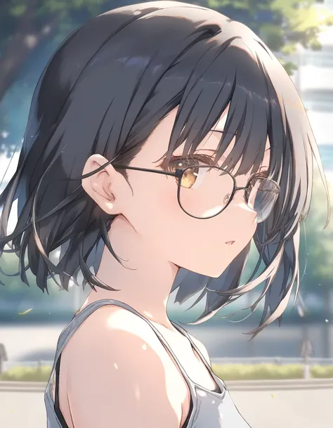 1girl, school, little female, black hair, short hair, glasses, small breasts, beautiful detailed eyes,open mouth, expressionless, outdoors,wind,fantasy, game CG, break,(artist:mitsumi_misato),artist:fujiyama,artist:kokonoka, break,(masterpiece), (best qual...