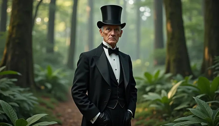 An older Caucasian man with short gray hair wearing a 19th century style black tuxedo, a top hat and a bow tie, black shoes in a Forest