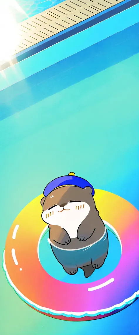 Score_9, Score_8_up, Score_7_up, Score_6_up, Score_5_up, Score_4_up, no human, solo, sea otter (blue, adorable, sleeping on swimming ring, blue beret hat, swimming ring), swimming pool, sunlight, vivid, colorful, warm, Wide lens