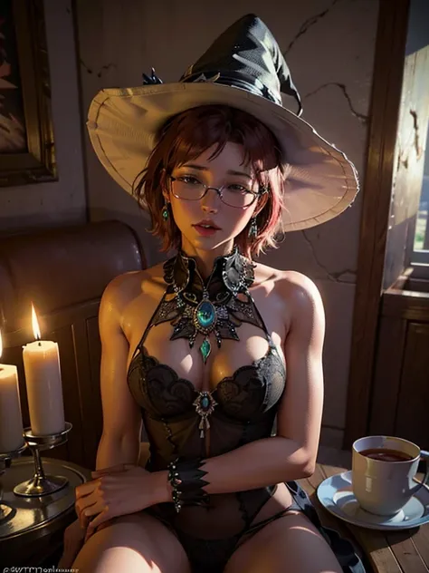 Short,  red hair ,  green eyes ,  metal-framed glasses,  witch hat,  kiss, a girl is sitting in a cafe at a table among candles. ( masterpiece fails,  top quality ,  better quality ,  official art,  beautiful and aesthetic :1.2),  Extremely detailed ,( fra...