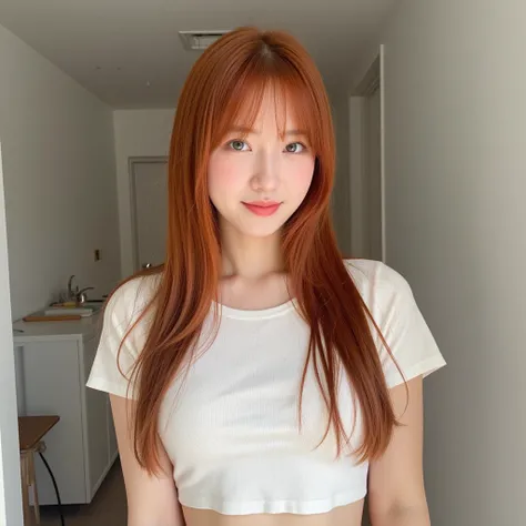  amateur shot , .  Instagram selfie perspective  ,   no makeup in the coal mine,  smiling slightly and opening her mouth slightly , She has long red hair with bangs,   wearing a white ocean crop top ,Natural Face ,  blue-white skin, 