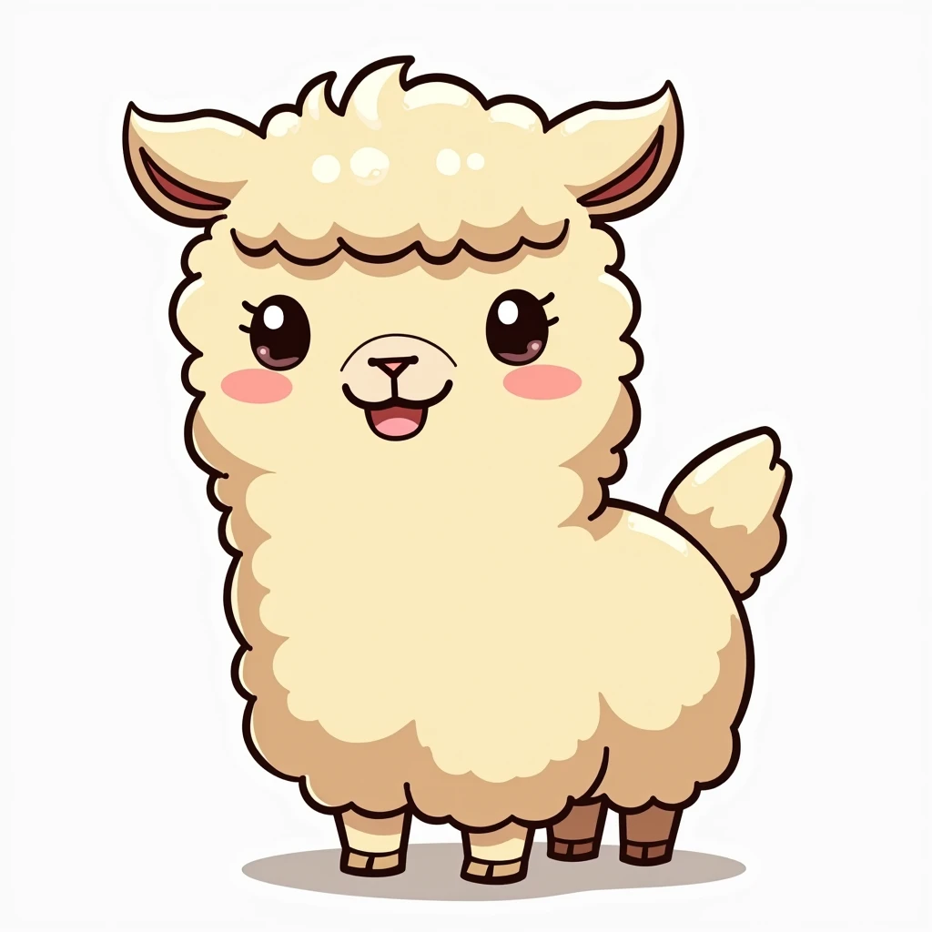 A cartoonish, light beige llama is centrally positioned in the image. The llama is depicted with a fluffy, voluminous coat of a pale, golden-cream color. Its facial features are simple but expressive, showing a happy, slightly smiling expression.  The eyes...