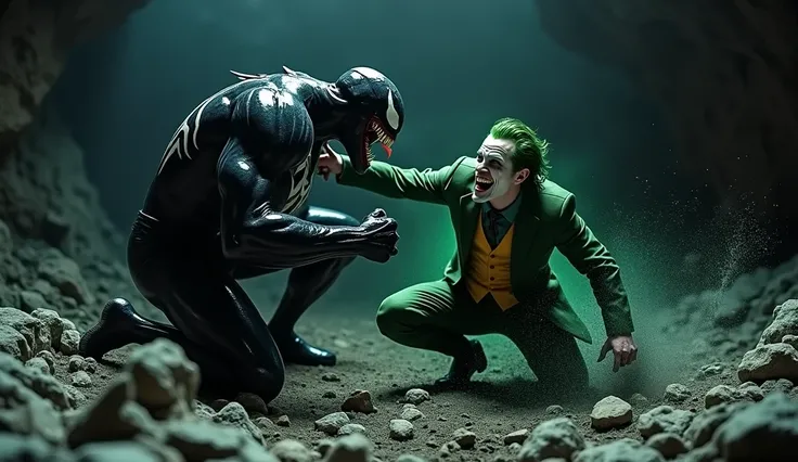 "In a dark, shadowy environment filled with jagged rocks, Venom is crouched down, delivering a powerful punch to the Joker’s stomach. The Joker is slightly bent forward, his face twisted in pain, but still surrounded by a glowing green aura of energy radia...