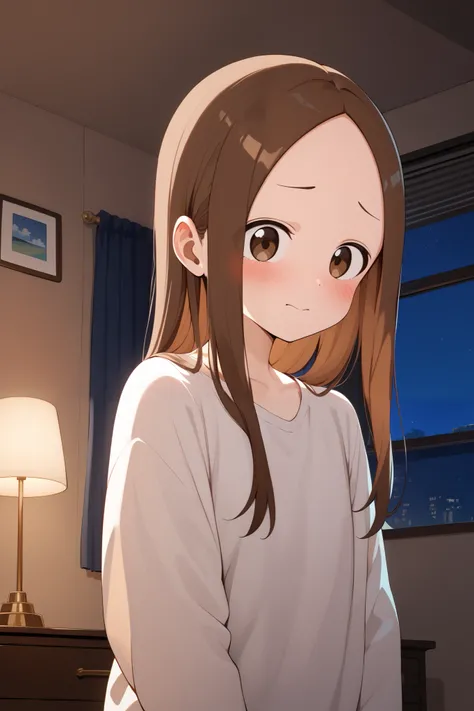 NSFW,masterpiece, top quality , high res, very detailed,Takagi(からかい上手のTakagi), long hair、Brown Hair、 split bangs,Forehead、clavicle, nightgies ,first round,blush,Embarrassed,Turn away,Love Hotel at Night, bedroom