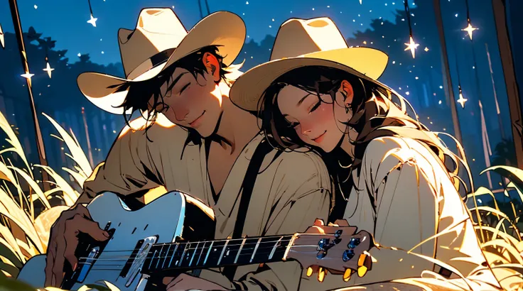 masterpiece, a romantic evening scene with a man wear a cowboy hat playing a telecaster electric guitar and a woman resting her head on his shoulder by looking straight and feel happy . The backdrop in the evening with twinkling lights, and the couple is s...