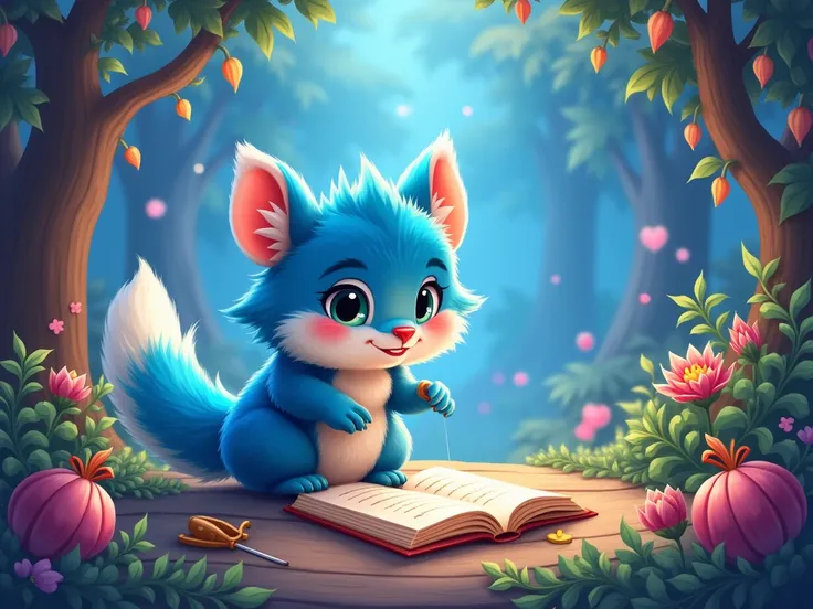 The cover of the fairy tale of the  blue fur who diligently learns his cover is interesting and cheerful for the readers 