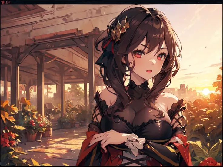 (Solo:2), (1 Female:2), (Very Large Breasts), (Showing Gums, Looking at Camera), (Red Castle Gardens), (Sunset), (Focus on Breasts), (Carefully Drawn, Amazing Artwork, Top Quality, High Resolution, 8K, Detailed, Delicate)