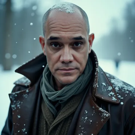 cinematic close up photograph of bald man, dark eyes, in old and torn 1800s style leather coat, standing on dirt road in winter, blizzard falling