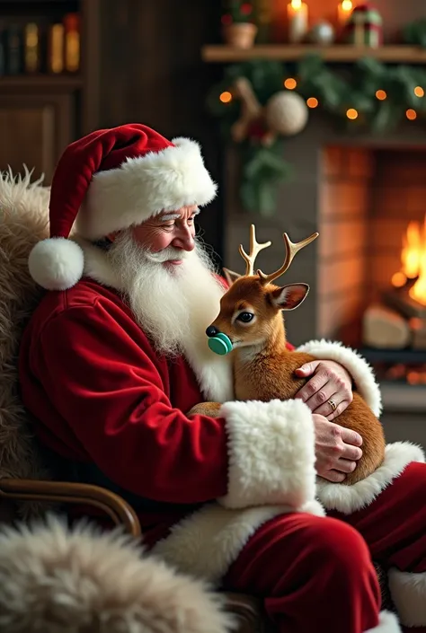  Photo of Santa Claus sitting next to a fireplace,  with a fawn in his arms , le faon doit avoir des cornes et une tetine verte/blue in the mouth 