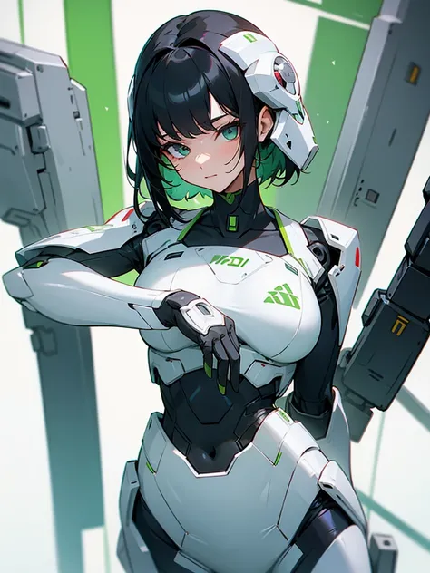 Half-robot black-haired woman wearing white suit tied with green tie