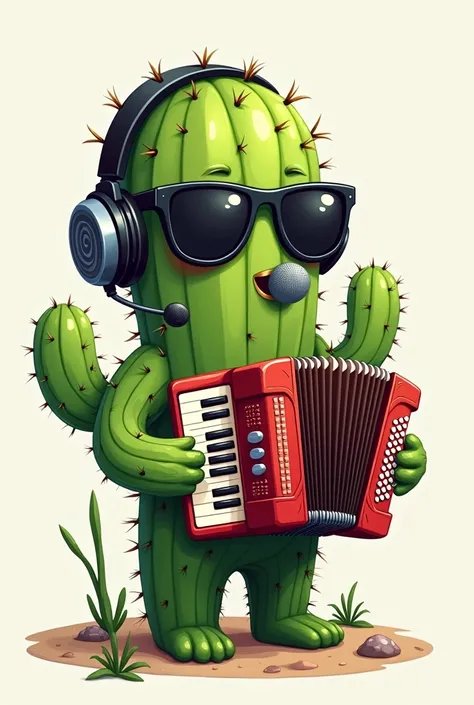 2D Cactus with Headset Microphone ,  dark glasses and an accordion in the hands