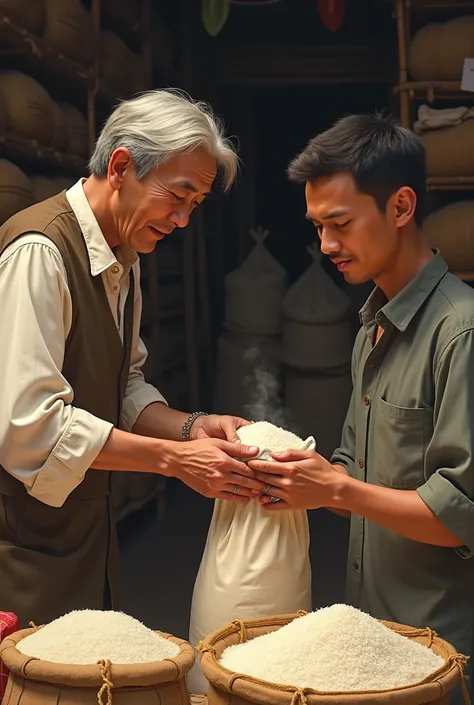 The shopkeeper is filling a light bag of rice and holding it out to the man. The man is examining the bag with his eyes closed.