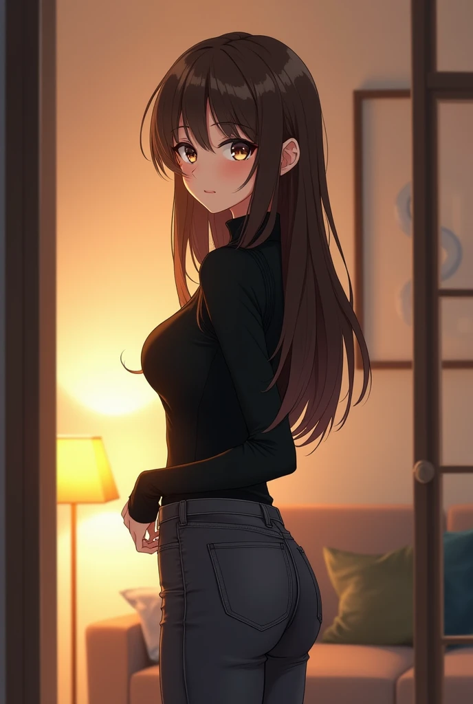 A close view of young anime woman standing in apartment, with long brunette hair and brown eyes, wearing black skinny turtleneck with long sleeves, wearing dark grey skinny leather jeans, looking with smile, view frоm her back