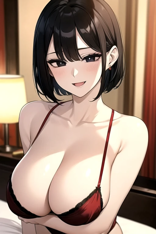 beautiful woman, ((Black short hair 1.5))、(((Santa costume lingerie))), Very detailed、 (huge breasts),highest quality、Best image quality、masterpiece、8k、Anime Face、A kind smile、Open Mouth、、big breast, sexy、 beautiful body 、Cowboy Shot, Sexual Intercourse, (...