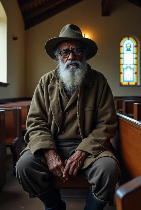 Create a realistic macro photo image in 4k of an elderly blind black man wearing dark glasses old shepherds clothes the setting is a simple chapel in the interior of the USA 