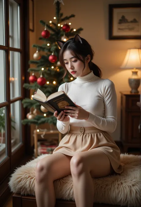 Cat ears、white thick turtleneck 、 beige fluffy flared skirt、reading、  attractive,desire, Obscene, Mature Woman, Captivating body lines , ((  fine facial features , makeup、 eroticism)),  Dramatic Lighting  ,  realistic , 8k, Cinematic Composition , dark moo...