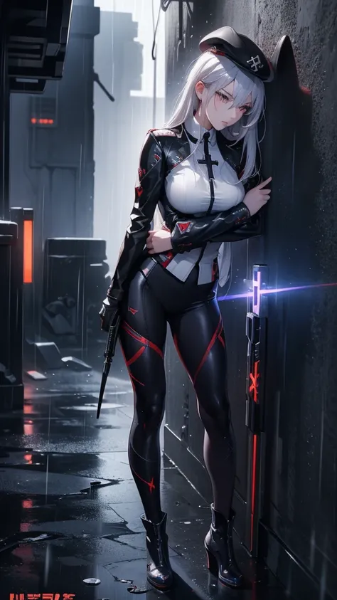 Silver Haired Girl,((Yuki Izumi))(( Big Breasts :0.6)), red glasses, Tactical Boots ,Futuristic gun,Rain environment, high image quality,8k, super detailed , surreal(()),masterpiece, cinematic lighting,Dramatic lighting, Dramatic Poses,High definition faci...