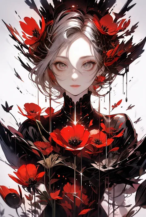 Bright red flowers(Poppy)A transgressive Gothic female character surrounded by,She is wearing a dark Victorian black dress with intricate lace detailing,Her long flowing white hair flows gracefully to the ground,Her eyes glow a dusky red,She has a depresse...