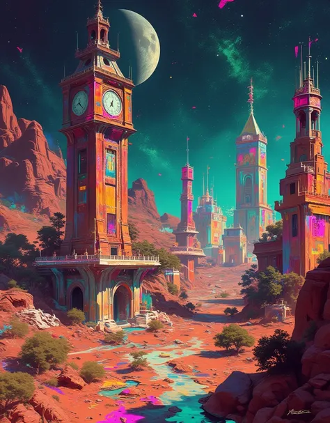 Ligne claire, Vincent Mahé art, Stylish graphic design, Graphic design-style layout and color sense, painting of a futuristic city with a clock tower and a clock tower, martian city, space opera and dystopian style, Ultra Wide Angle, glitch, Hutchison Effe...