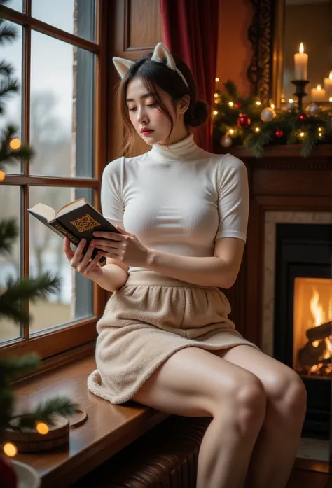 Cat ears、white thick turtleneck 、 beige fluffy flared skirt、reading、  attractive,desire, Obscene, Mature Woman, Captivating body lines , ((  fine facial features , makeup、 eroticism)),  Dramatic Lighting  ,  realistic , 8k, Cinematic Composition , dark moo...